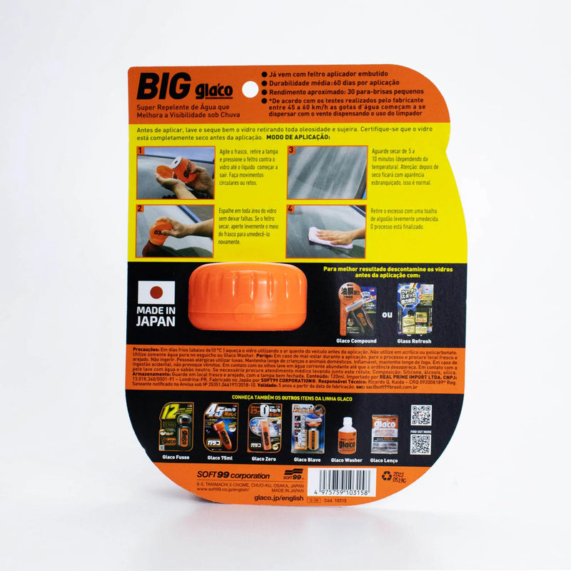 Verso da embalagem Big Glaco Soft99 120ml com instruções de aplicação