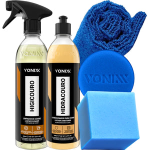 Kit Vonixx Higienização de Couro Higicouro + Hidracouro 500ml – Proteção, Maciez e Renovação do Couro Automotivo
