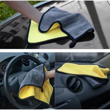 Detalhamento automotivo com pano de microfibra amarela e cinza